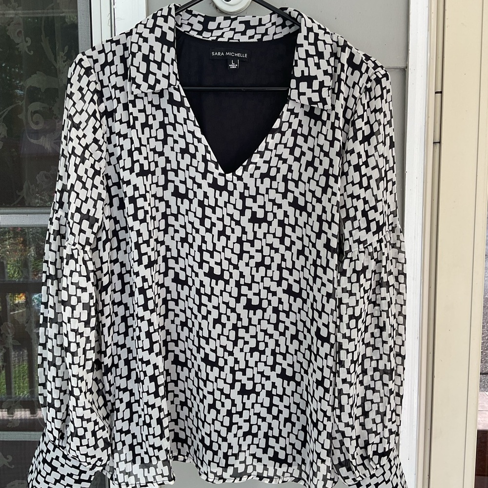 Womens Blouse Lined Sara Michelle Large Black White Dressy Top NWT Long Sleeve